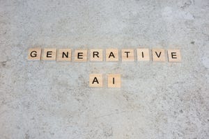 Wooden letter blocks spelling out Generative AI against marble stone