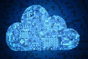 glowing cloud icon depicted in blue circuitry pattern