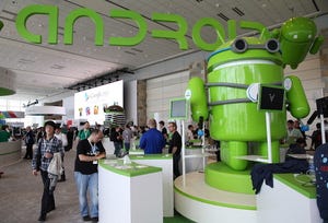 The Android mascot is on display in Moscone West, San Francisco